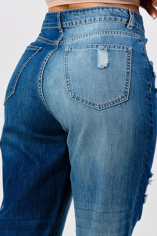 DISTRESSED TWO TONE WASH BAGGY MOM JEAN