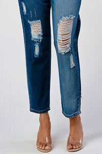 DISTRESSED TWO TONE WASH BAGGY MOM JEAN