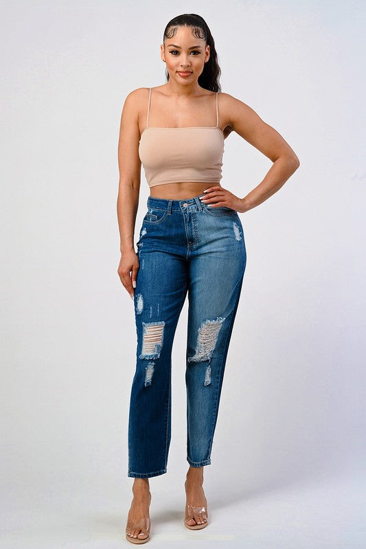 DISTRESSED TWO TONE WASH BAGGY MOM JEAN