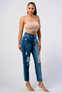 DISTRESSED TWO TONE WASH BAGGY MOM JEAN