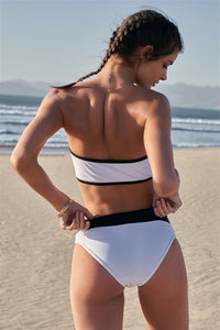 Model showing back of Black & White Color Block 2 Piece Swimsuit