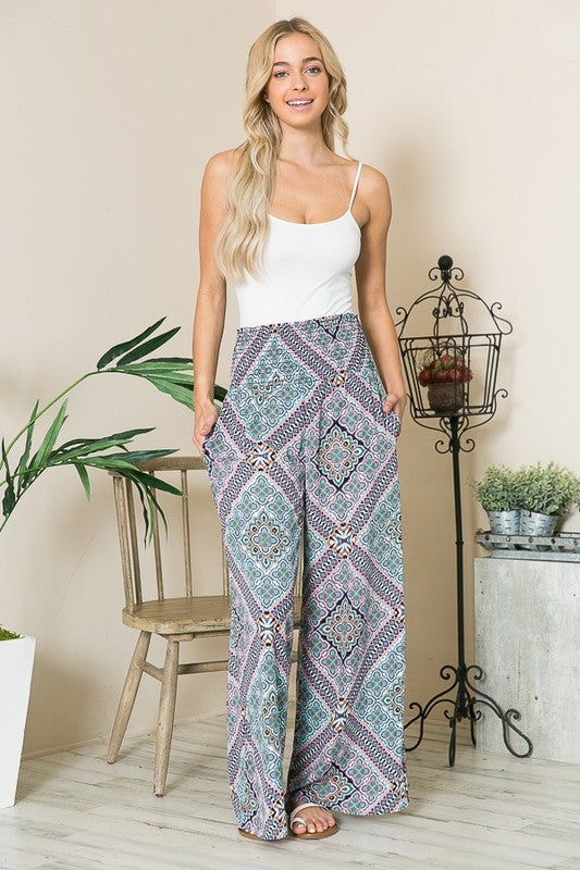 Front view of Smocked Wide Leg Pants-blue combo