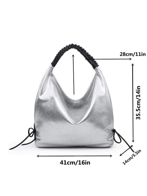 Picture showing dimensions of Women hobo bag metallic silver