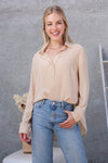 OVERSIZED LONG SLEEVE BUTTON DOWN CHIFFON BLOUSE