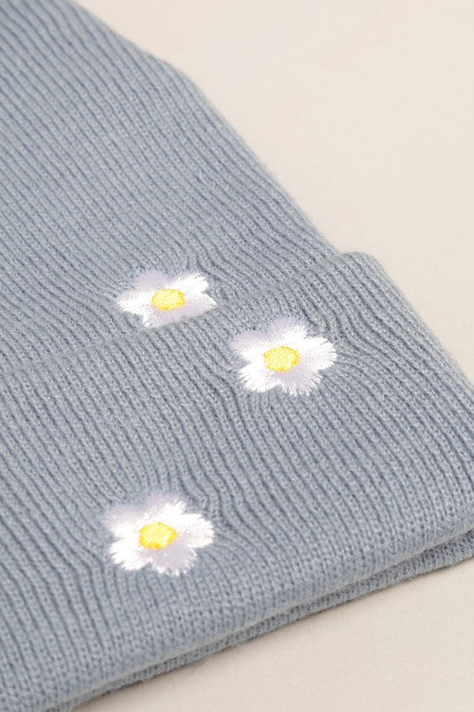 Flower Embroidered Knit Beanie Hat