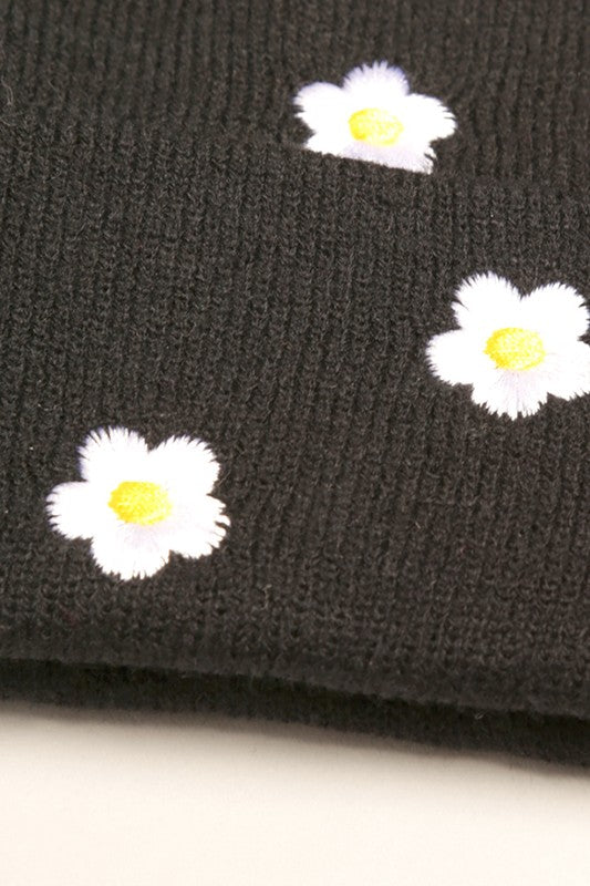 Flower Embroidered Knit Beanie Hat