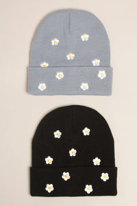 Flower Embroidered Knit Beanie Hat