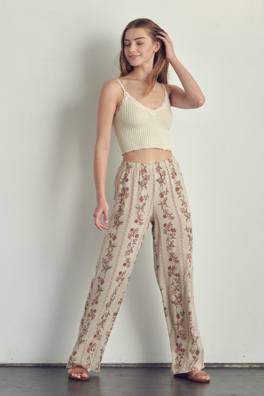 Palazzo pants in floral rayon gauze-cream