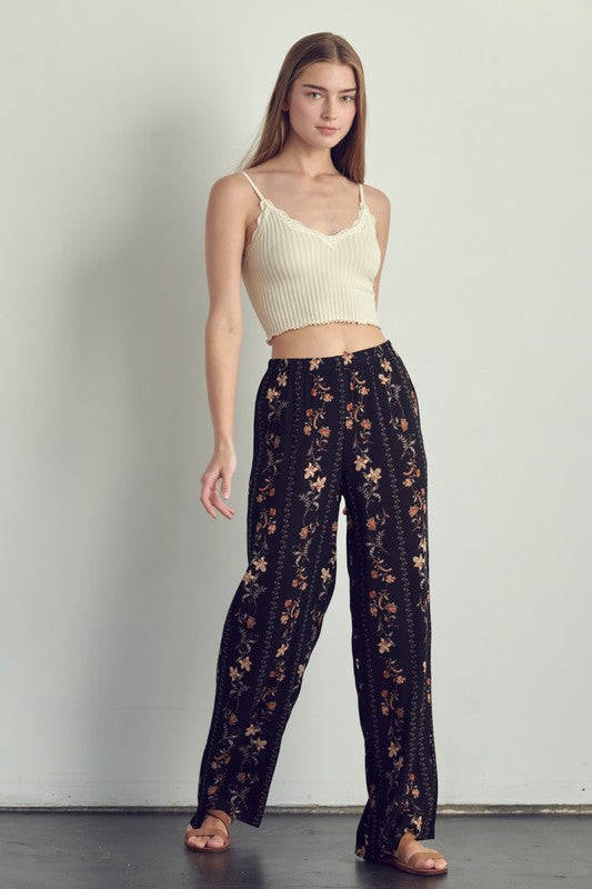 Palazzo pants in floral rayon gauze-black