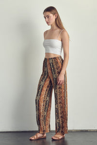 Left side view of Elastic waisted palazzo pants in ethnic print