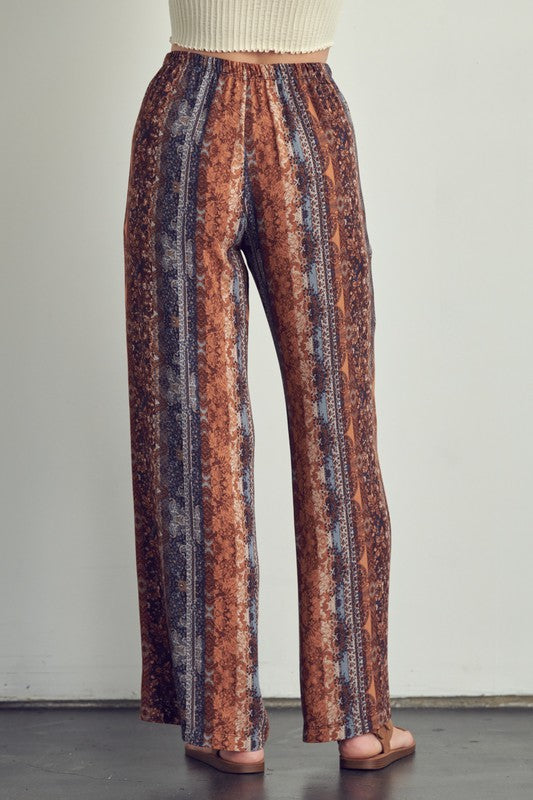 Back view of Elastic waisted palazzo pants in ethnic print