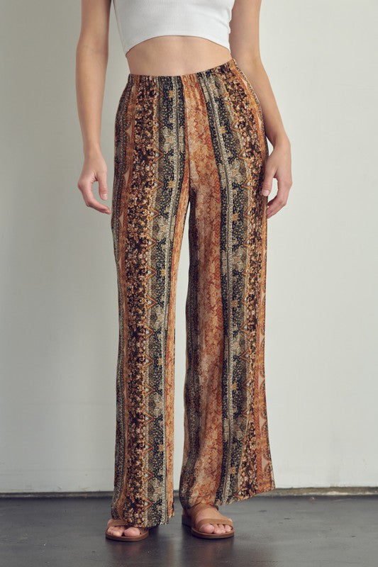 Elastic waisted palazzo pants in ethnic print