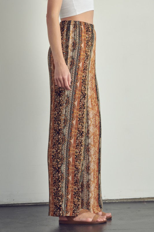 Left side view of Elastic waisted palazzo pants in ethnic print