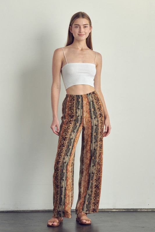 Front view of Elastic waisted palazzo pants in ethnic print