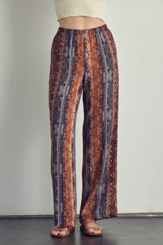 Full view of Elastic waisted palazzo pants in ethnic print