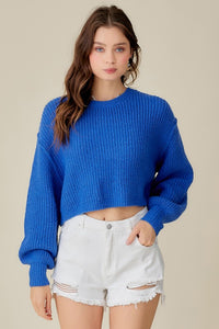 Blue ROUND NECK CROP SWEATER TOP