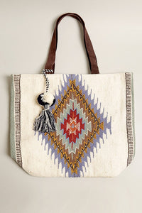 Front of Boho Patterned Pom-Pom Tassel Shoulder Bag