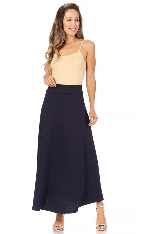 Solid, high waisted, A-line, midi skirt