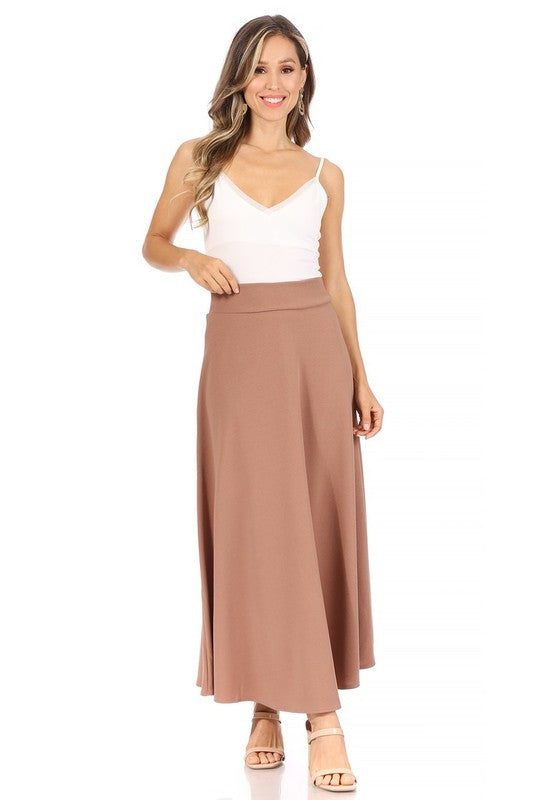 Solid, high waisted, A-line, midi skirt