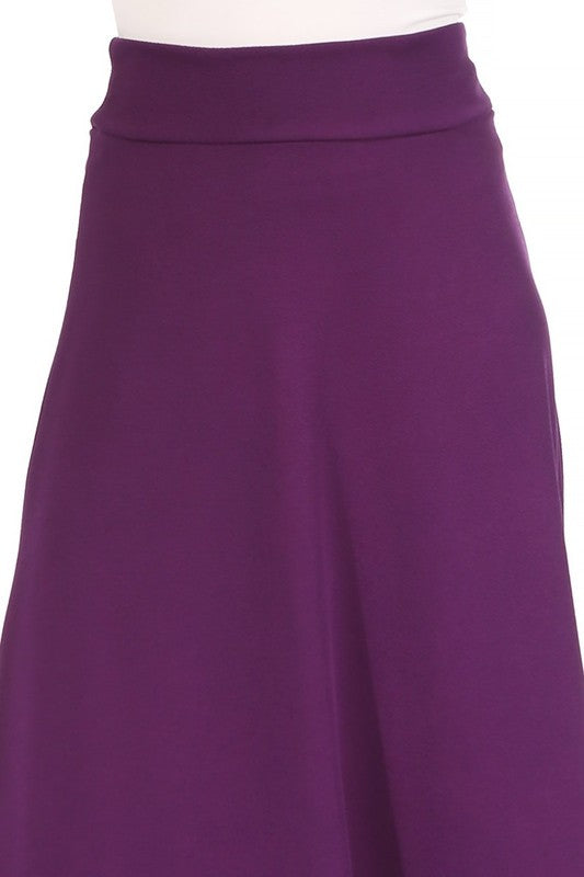 Solid, high waisted, A-line, midi skirt