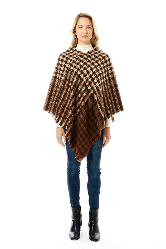 Women's Hounds tooth Poncho with Fringe