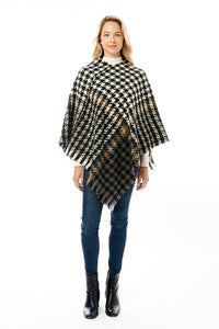 Women's Hounds tooth Poncho with Fringe