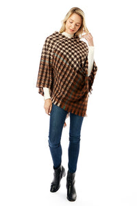 Women's Hounds tooth Poncho with Fringe