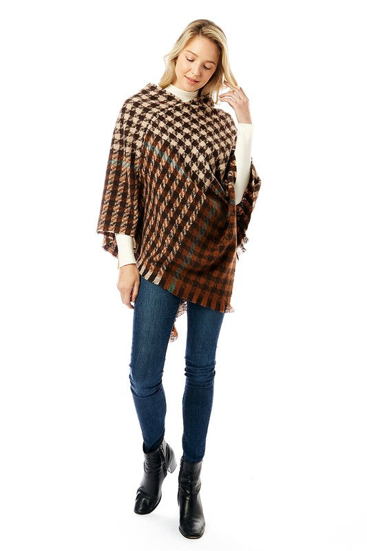 Women's Hounds tooth Poncho with Fringe