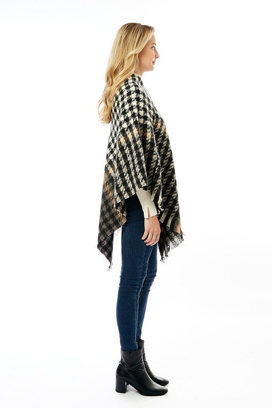 Women's Hounds tooth Poncho with Fringe