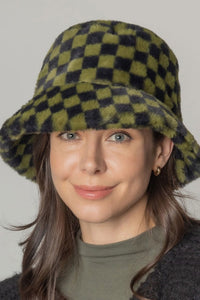 Checkered Printed Faux Fur Bucket Hat