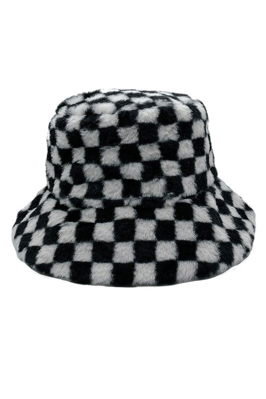 Checkered Printed Faux Fur Bucket Hat