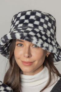 Checkered Printed Faux Fur Bucket Hat