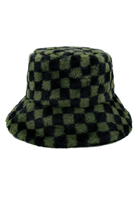 Checkered Printed Faux Fur Bucket Hat