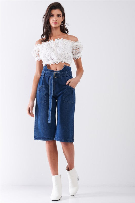 Cut-Out High-Waist Buckle Self-Tie Jeans