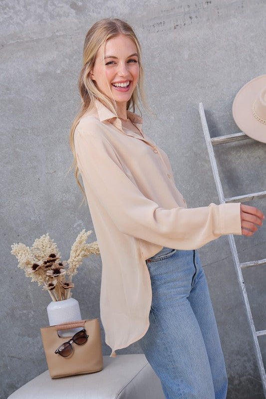 OVERSIZED LONG SLEEVE BUTTON DOWN CHIFFON BLOUSE