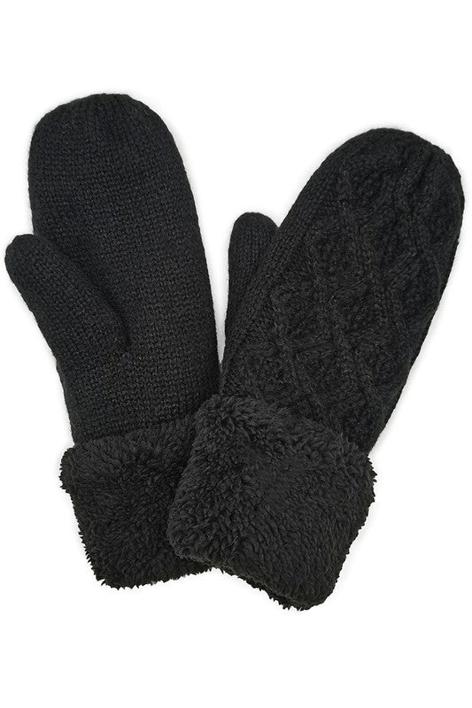 Black Cable Knitted Sherpa Cuff Mittens