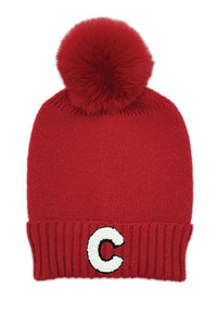 Letter C Chenille Patch Faux Fur Pom Knit Beanie