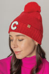 Letter C Chenille Patch Faux Fur Pom Knit Beanie