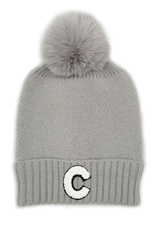 Letter C Chenille Patch Faux Fur Pom Knit Beanie