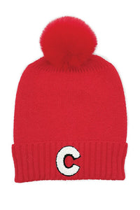 Letter C Chenille Patch Faux Fur Pom Knit Beanie