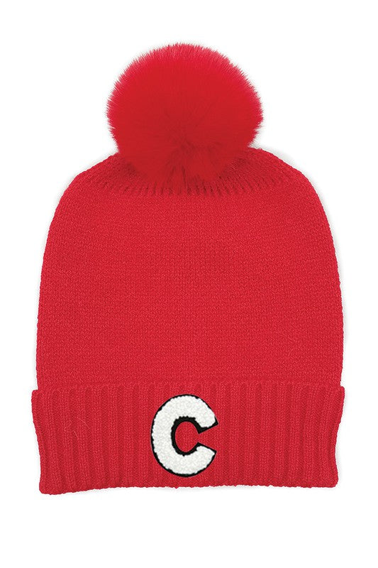 Letter C Chenille Patch Faux Fur Pom Knit Beanie