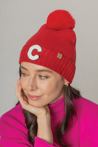 Letter C Chenille Patch Faux Fur Pom Knit Beanie