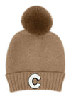 Letter C Chenille Patch Faux Fur Pom Knit Beanie