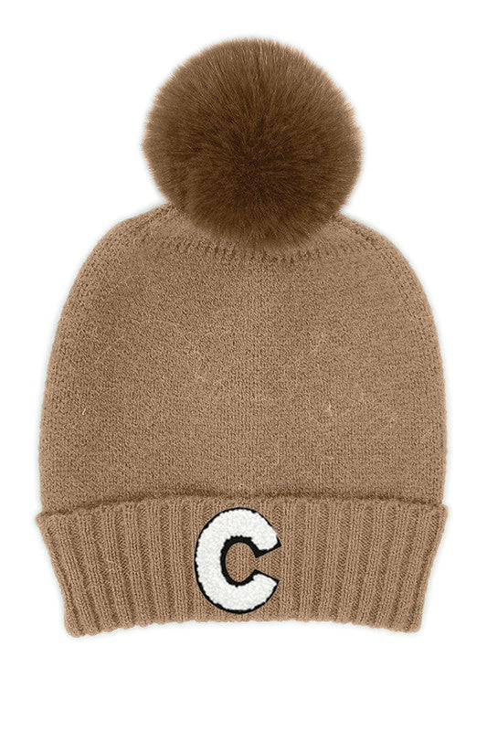 Letter C Chenille Patch Faux Fur Pom Knit Beanie