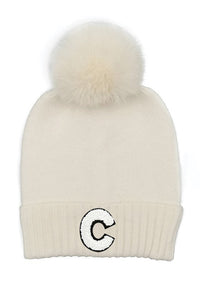 Letter C Chenille Patch Faux Fur Pom Knit Beanie