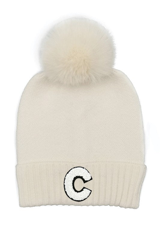 Letter C Chenille Patch Faux Fur Pom Knit Beanie