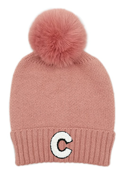 Letter C Chenille Patch Faux Fur Pom Knit Beanie