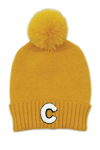 Letter C Chenille Patch Faux Fur Pom Knit Beanie