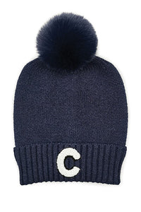 Letter C Chenille Patch Faux Fur Pom Knit Beanie