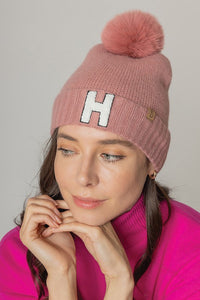 Letter H Chenille Patch Faux Fur Pom Knit Beanie